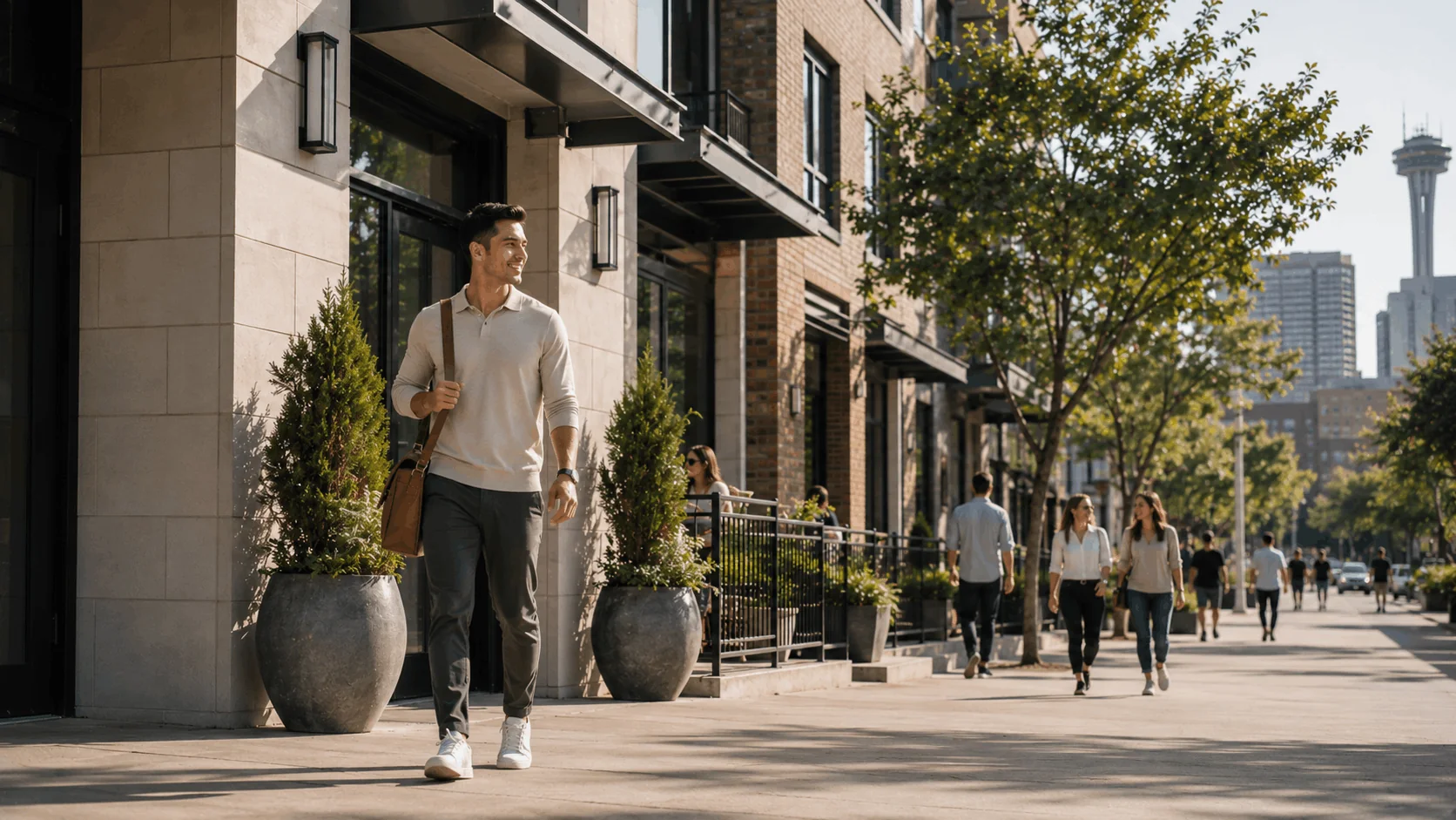 Resident walking near apartments close to major employers in San Antonio