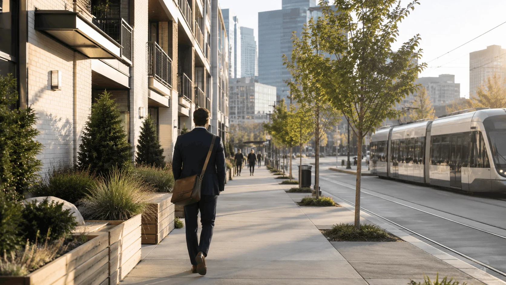 Professional walking along a transit-friendly street with apartments and public transportation nearby.