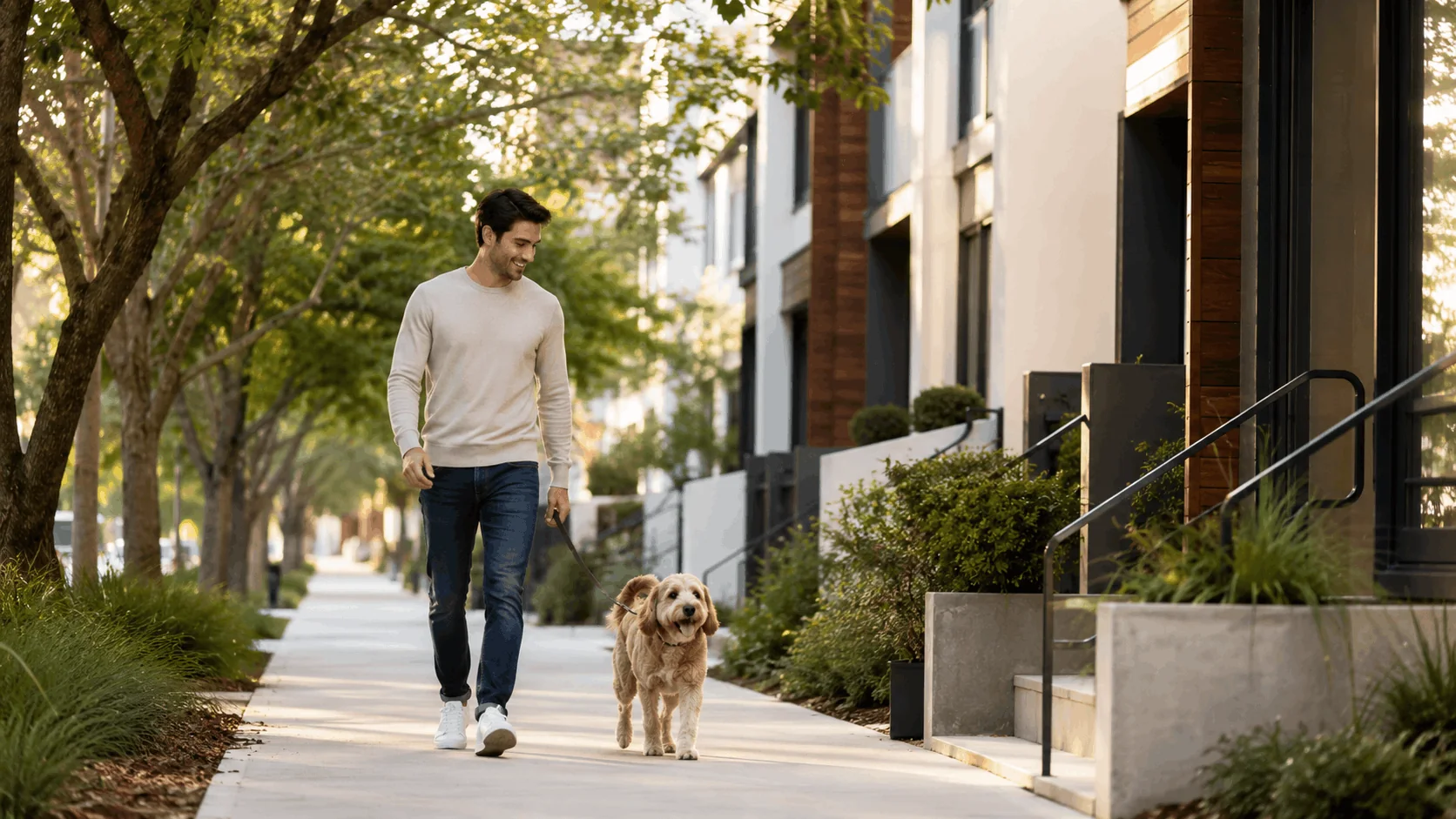 Man walking his dog along a tree-lined sidewalk in a modern Southtown San Antonio neighborhood.