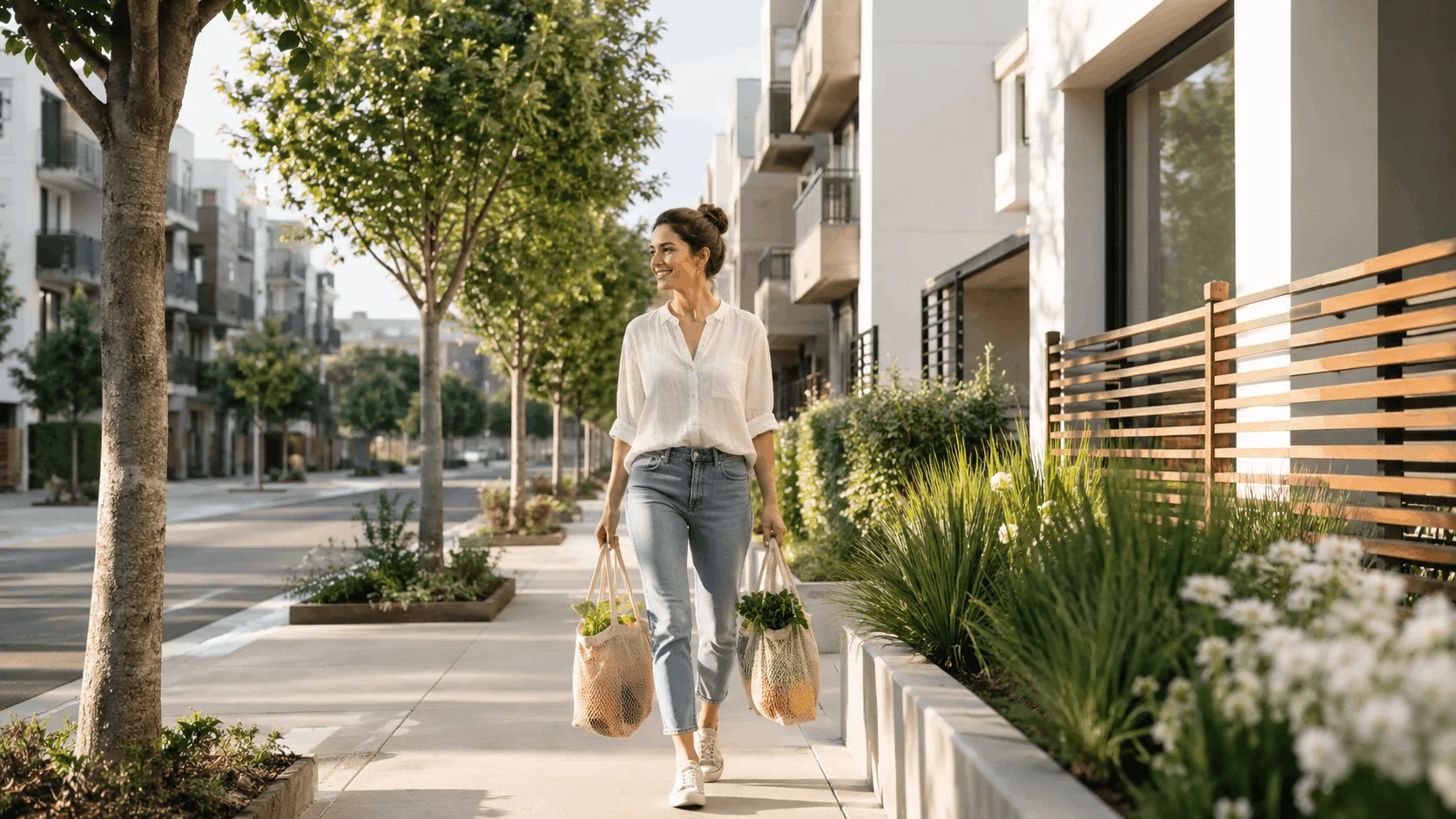 Resident carrying grocery bags while walking through a walkable apartment community near local shops.