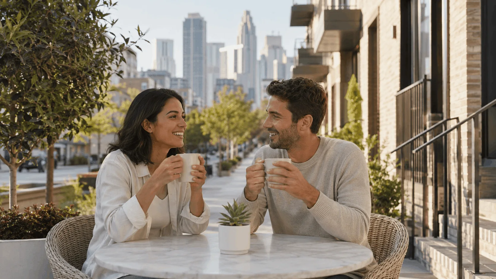 Couple enjoying coffee outdoors in a residential neighborhood near a downtown skyline.