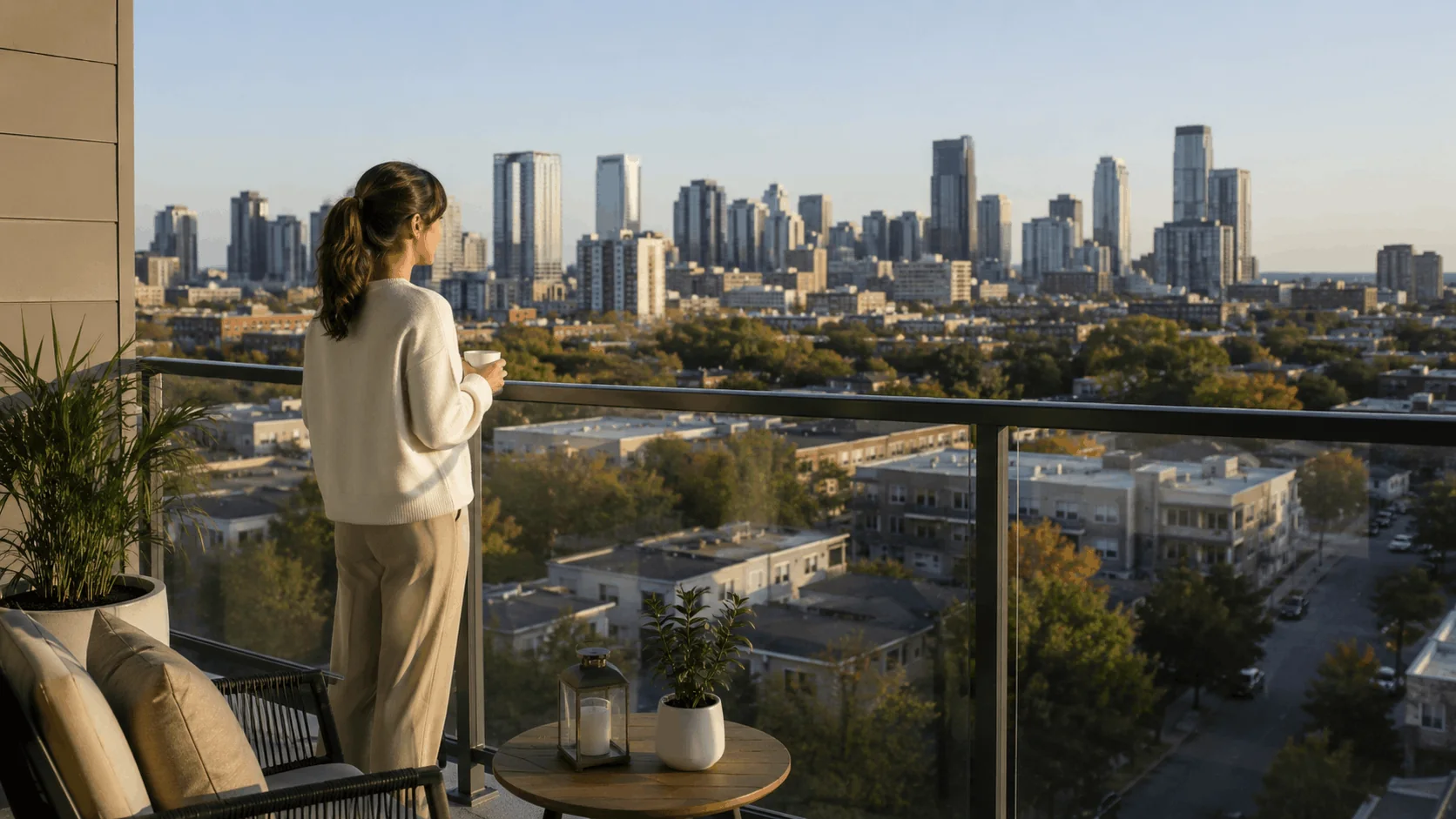 Resident enjoying skyline views from a modern apartment balcony overlooking the city.