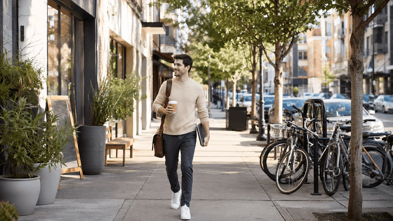 Young professional walking through a walkable Southtown neighborhood carrying coffee and a laptop.