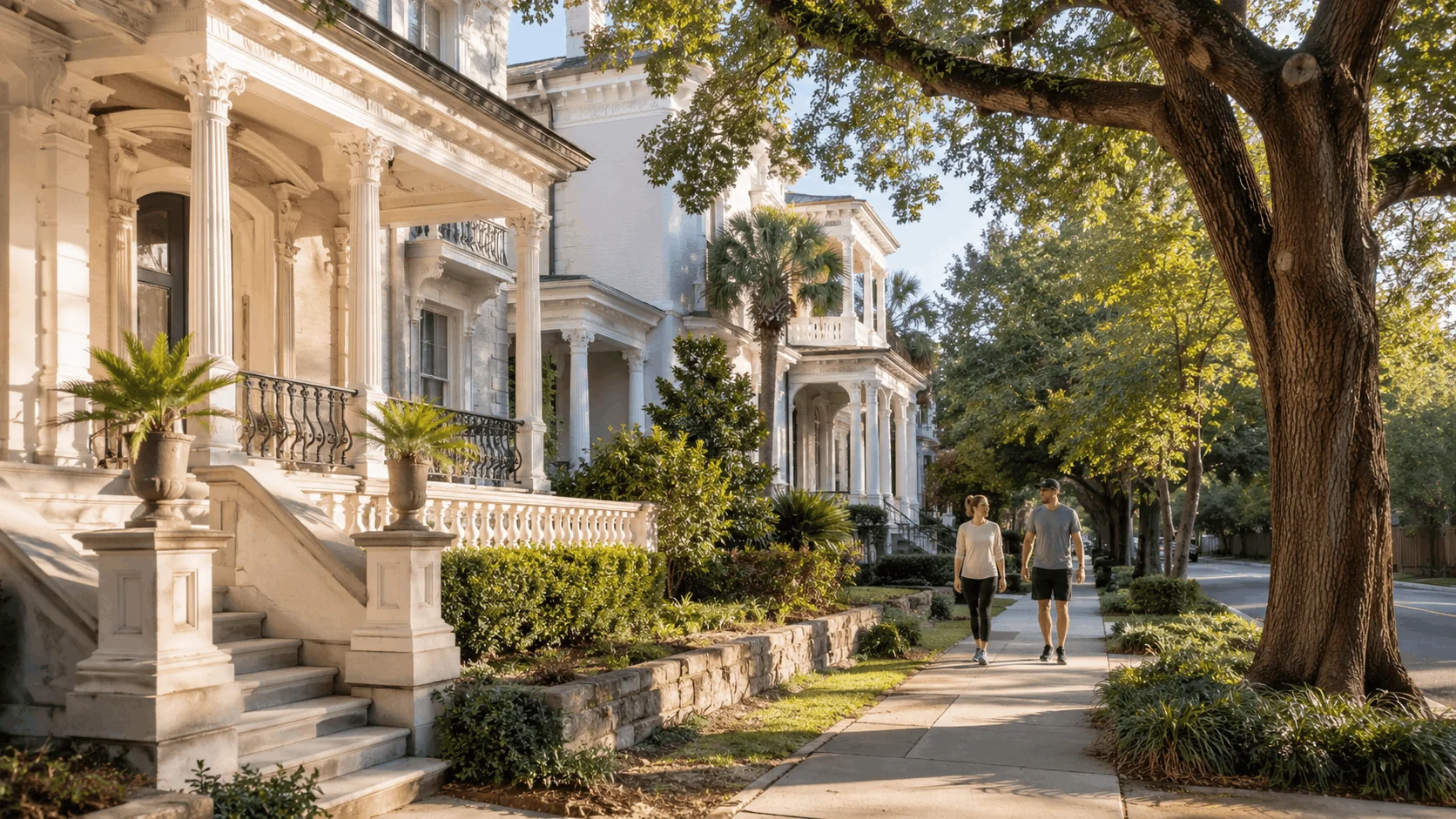 People walking past historic homes and mature oak trees in the King William District.