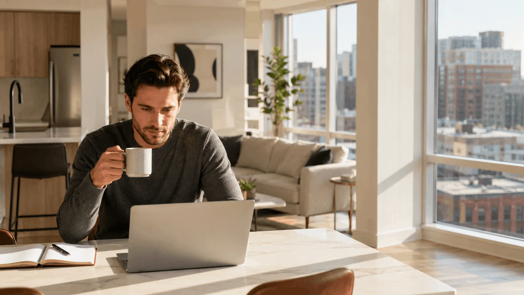 Young professional working remotely from a modern apartment with city views.