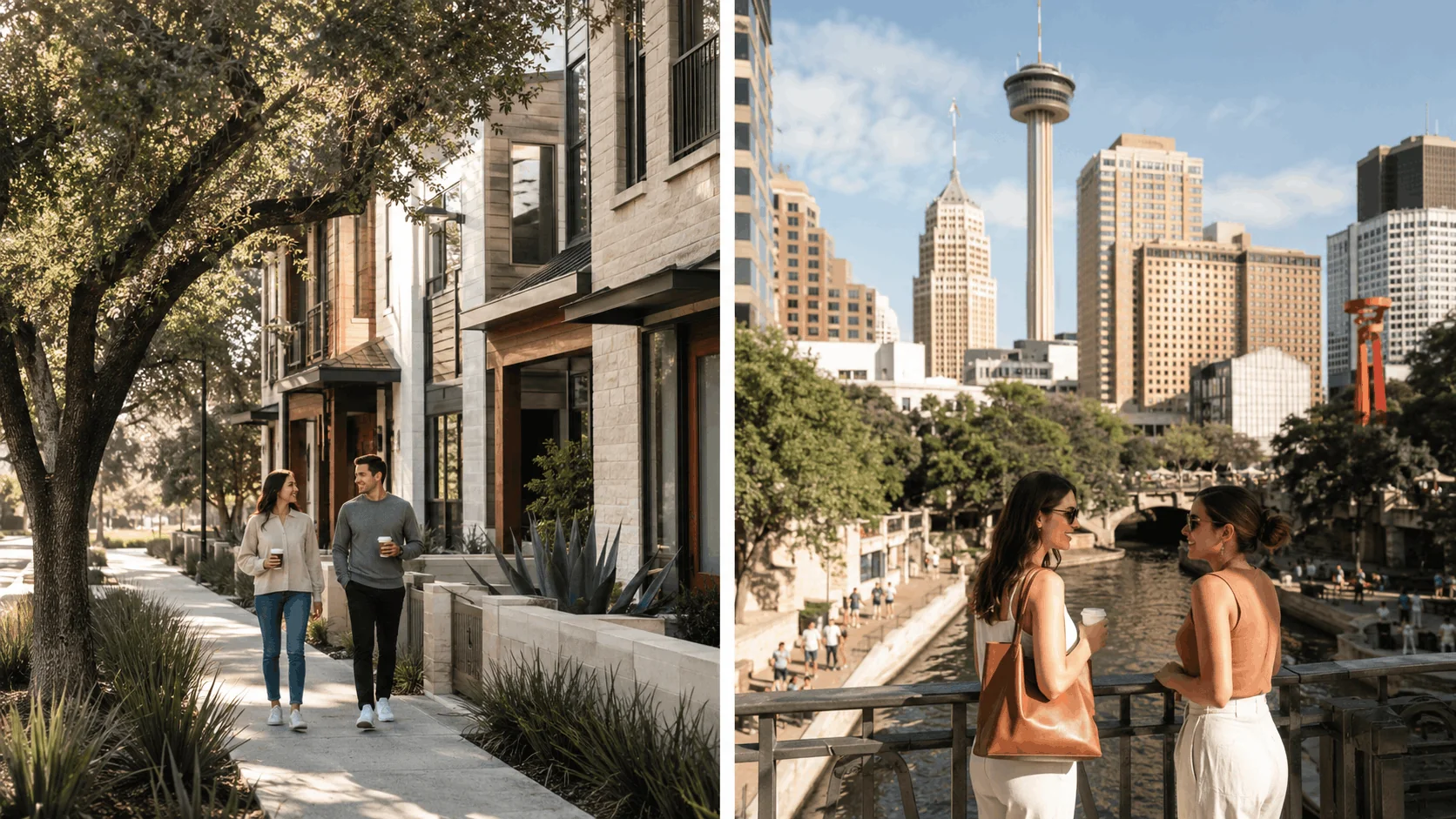 Split image showing residential Southtown streets and the San Antonio downtown skyline.