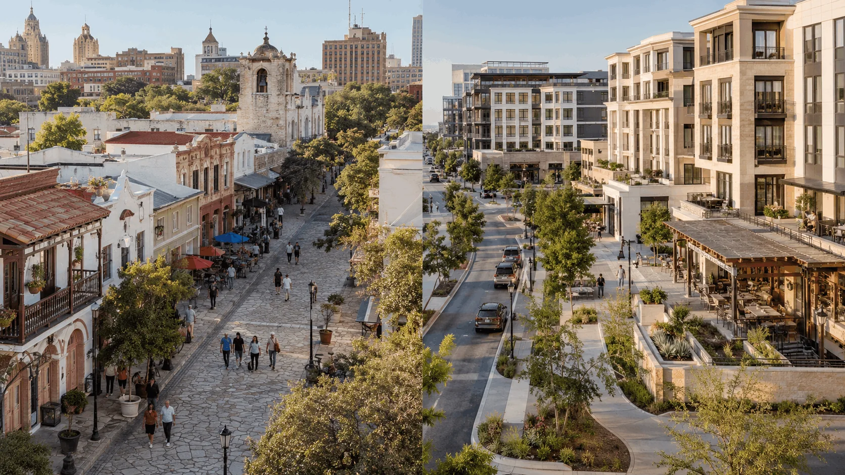 Split image comparing historic Southtown streets with modern Pearl District development.