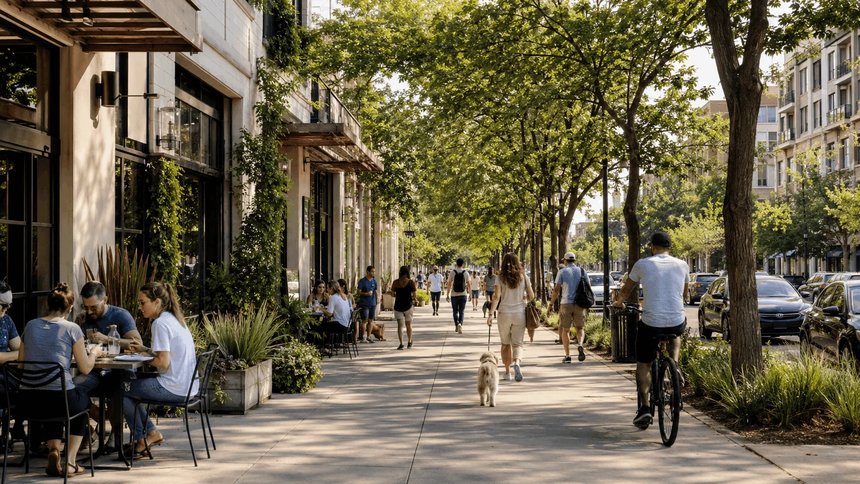 People walking, dining outdoors, biking, and enjoying a tree-lined Southtown street.