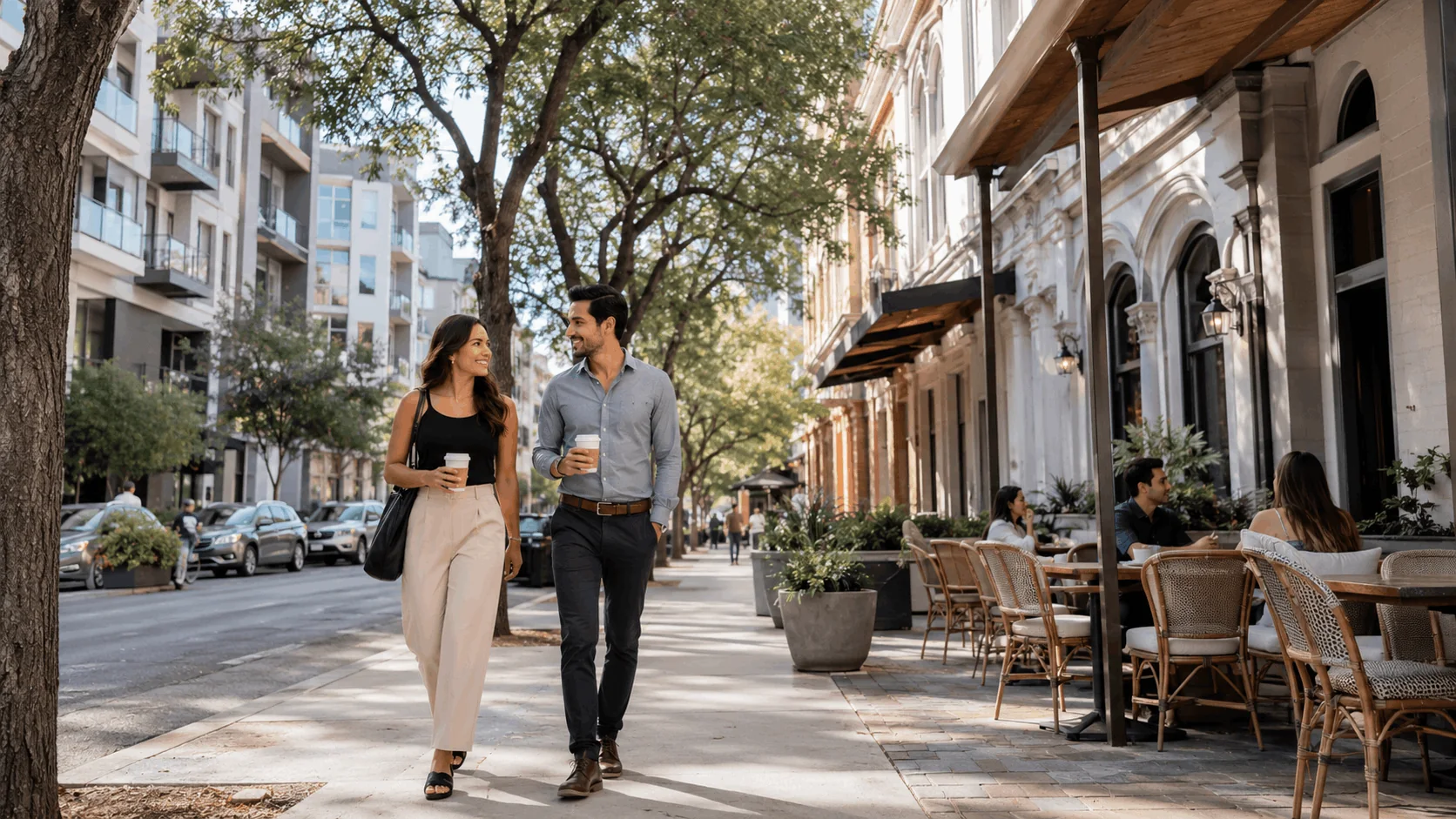 Couple walking along a tree-lined Southtown San Antonio street with restaurants and apartments nearby.