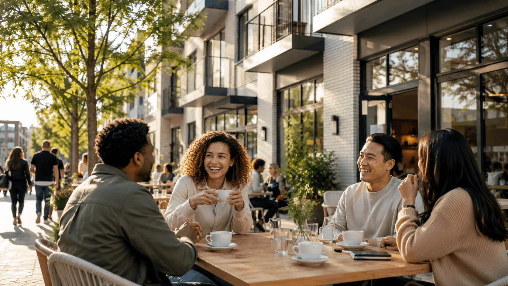 Group of young professionals socializing at an outdoor café in Southtown San Antonio.