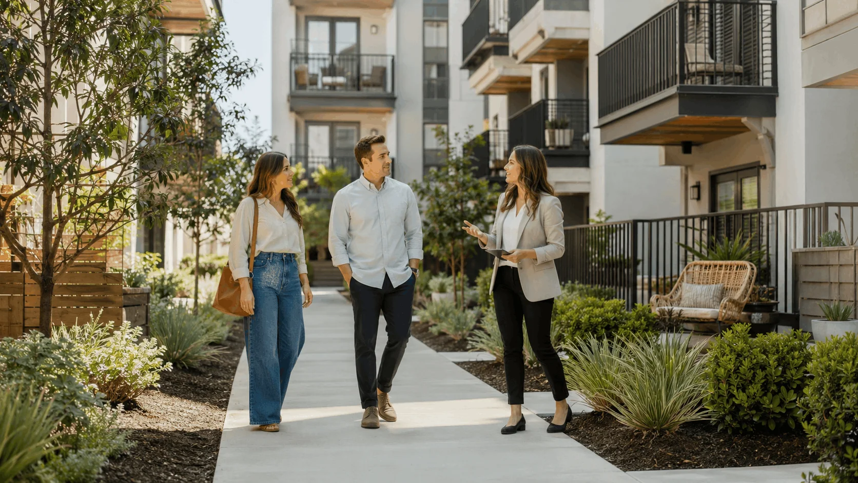 Leasing agent showing prospective renters a modern apartment community courtyard.