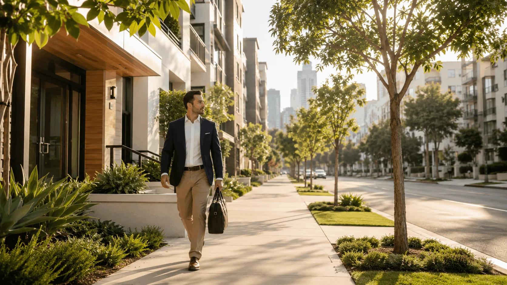 Professional walking near modern apartments on a wide, tree-lined city street.