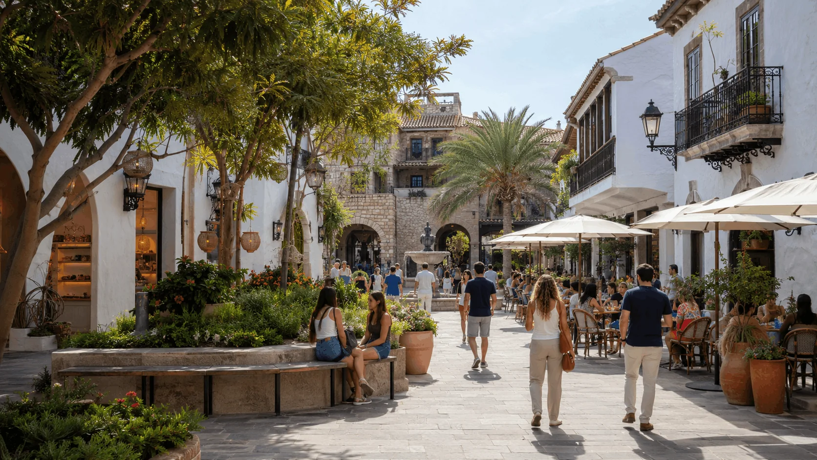 People walking and dining in a Spanish-style plaza near Market Square in San Antonio.