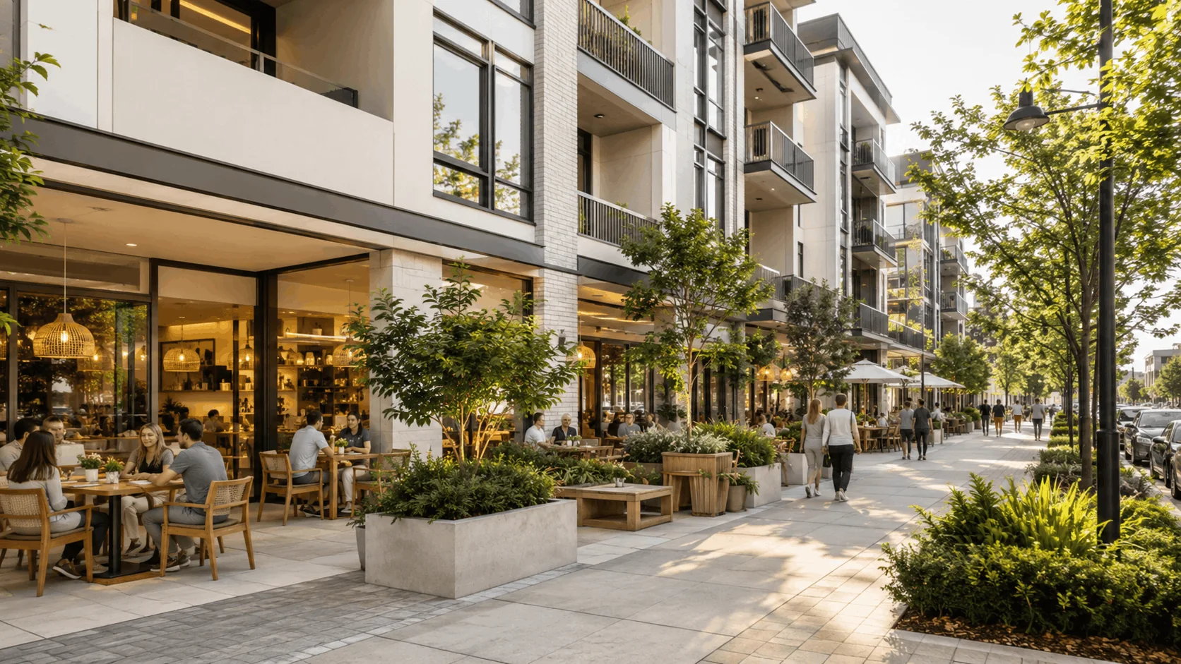Mixed-use apartment community with outdoor dining, retail, and landscaped sidewalks.