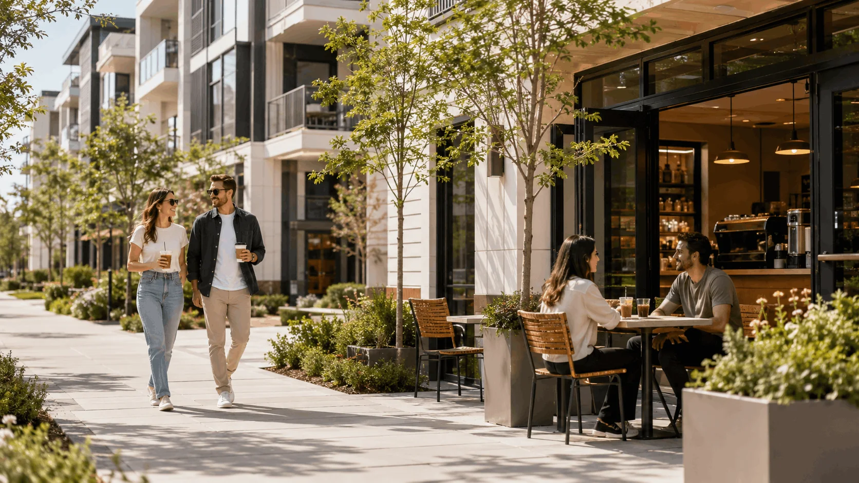 Residents walking past cafés and storefronts located beneath apartment buildings.