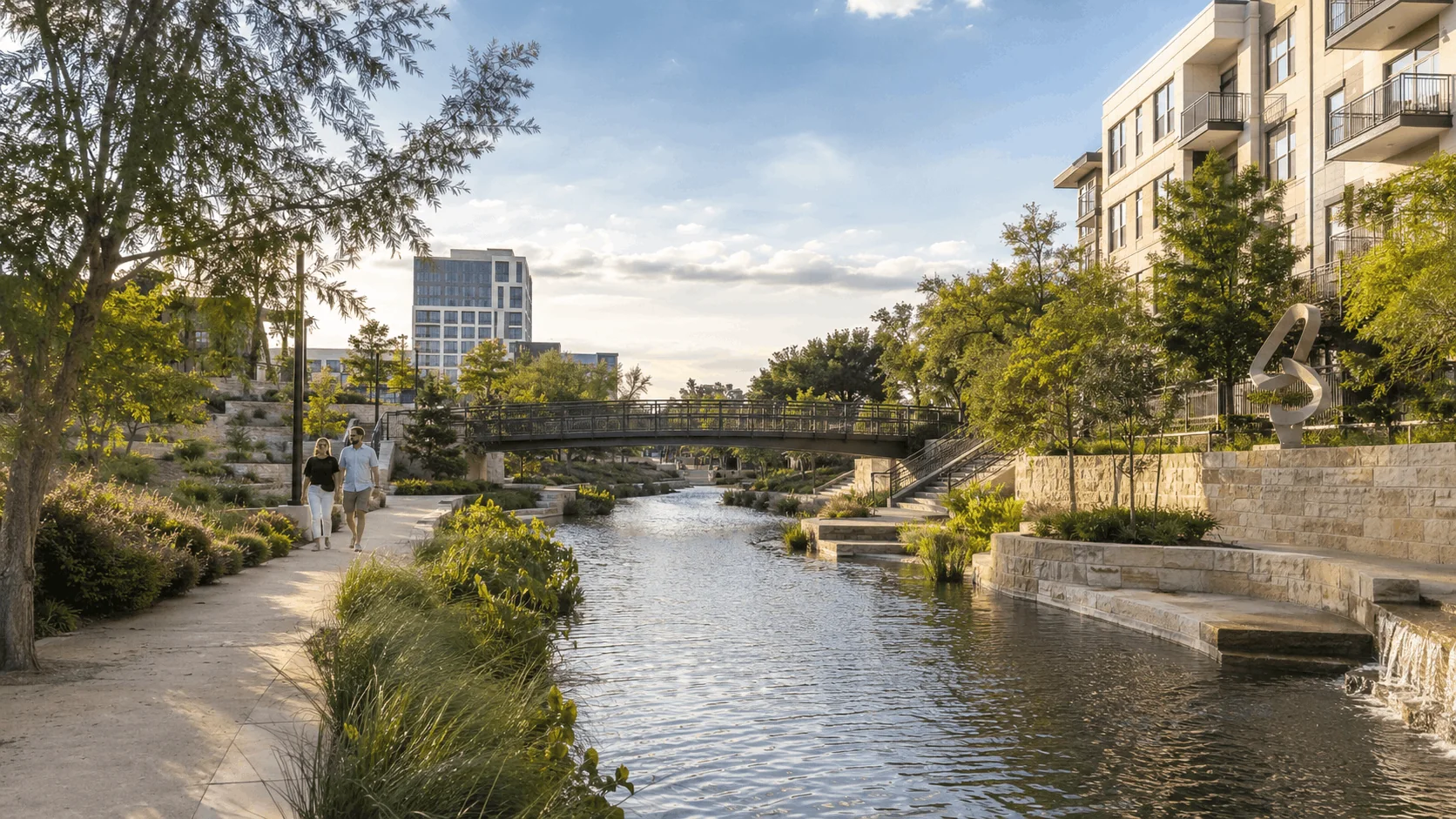 Scenic walking trail and waterways at San Pedro Creek Culture Park in San Antonio.