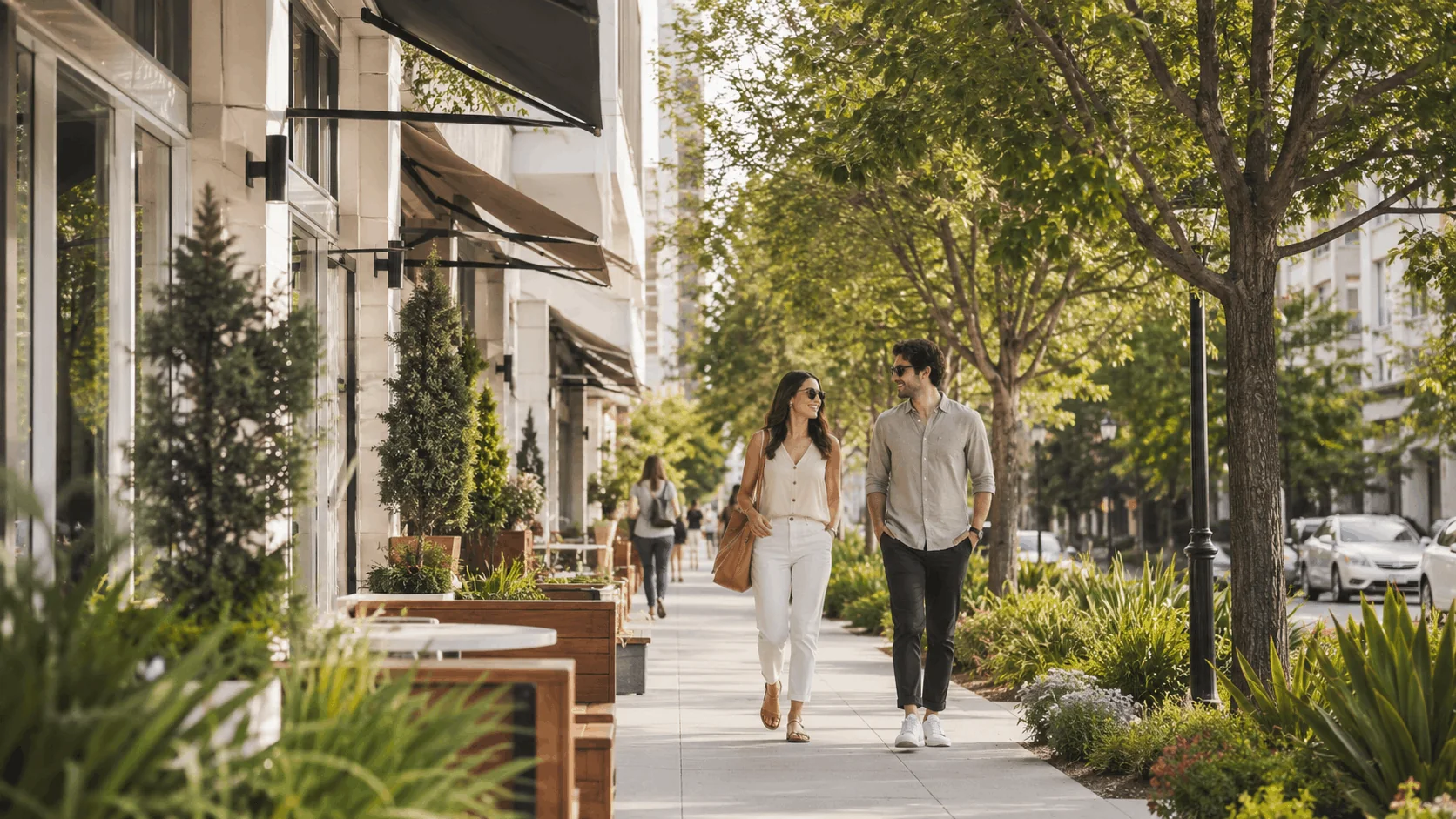 Couple strolling along a tree-lined sidewalk with restaurants and shops on South Alamo Street.