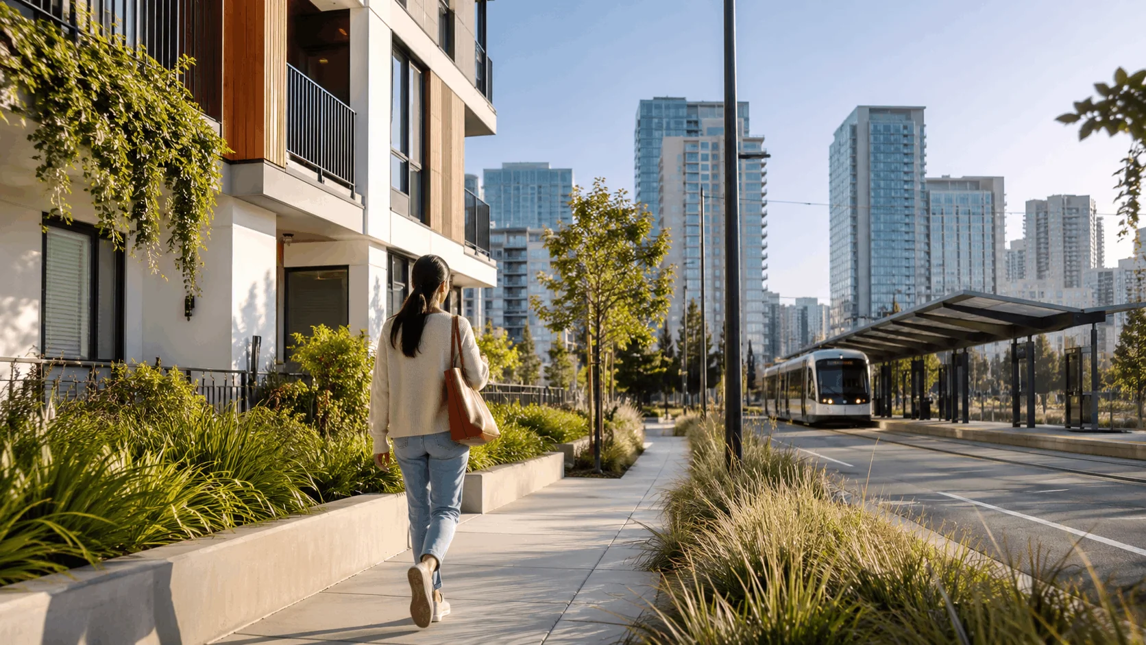 Resident walking toward a light rail station beside modern apartment buildings.