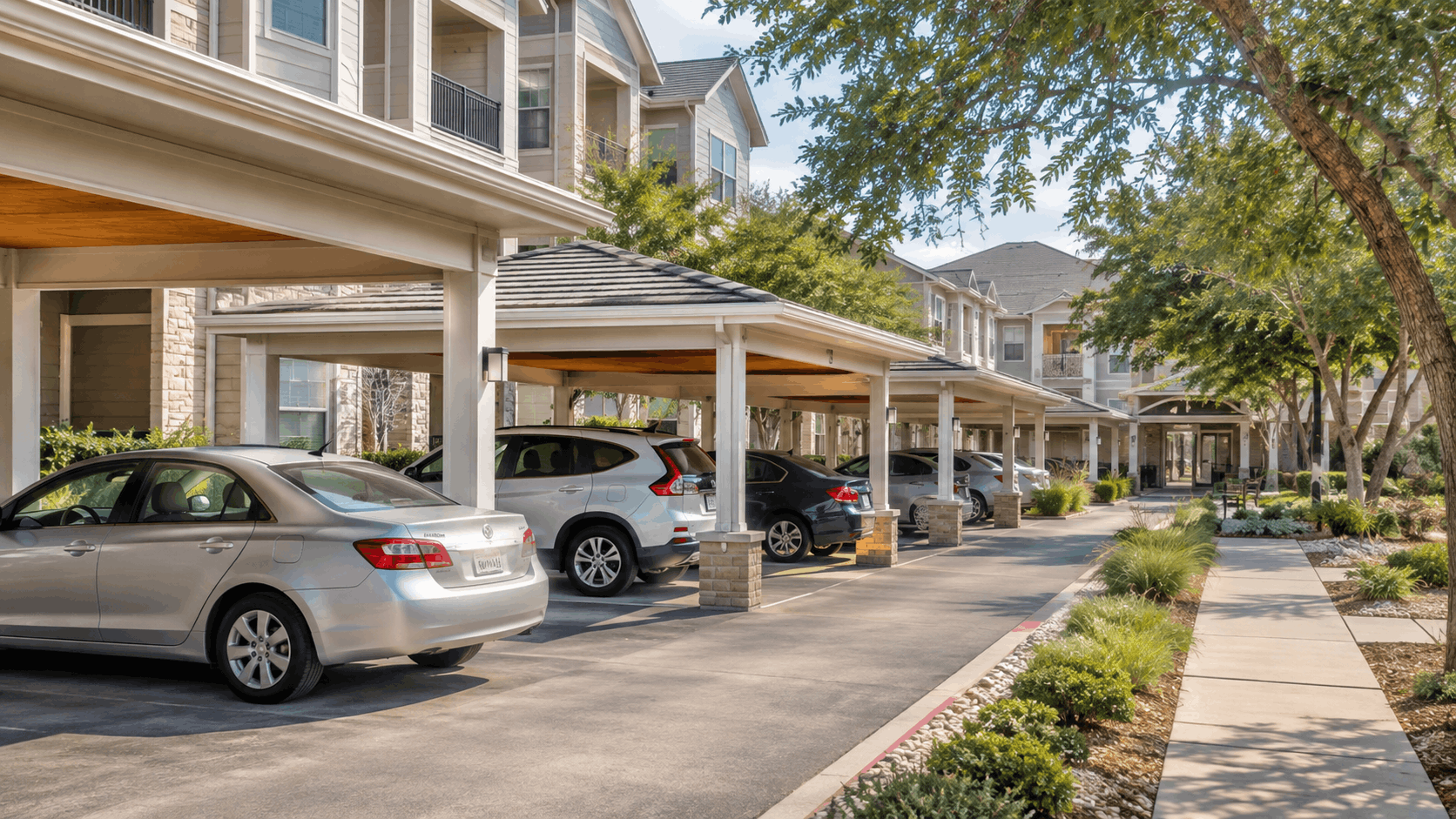 Covered resident parking beside an apartment community with landscaped walkways and mature trees.