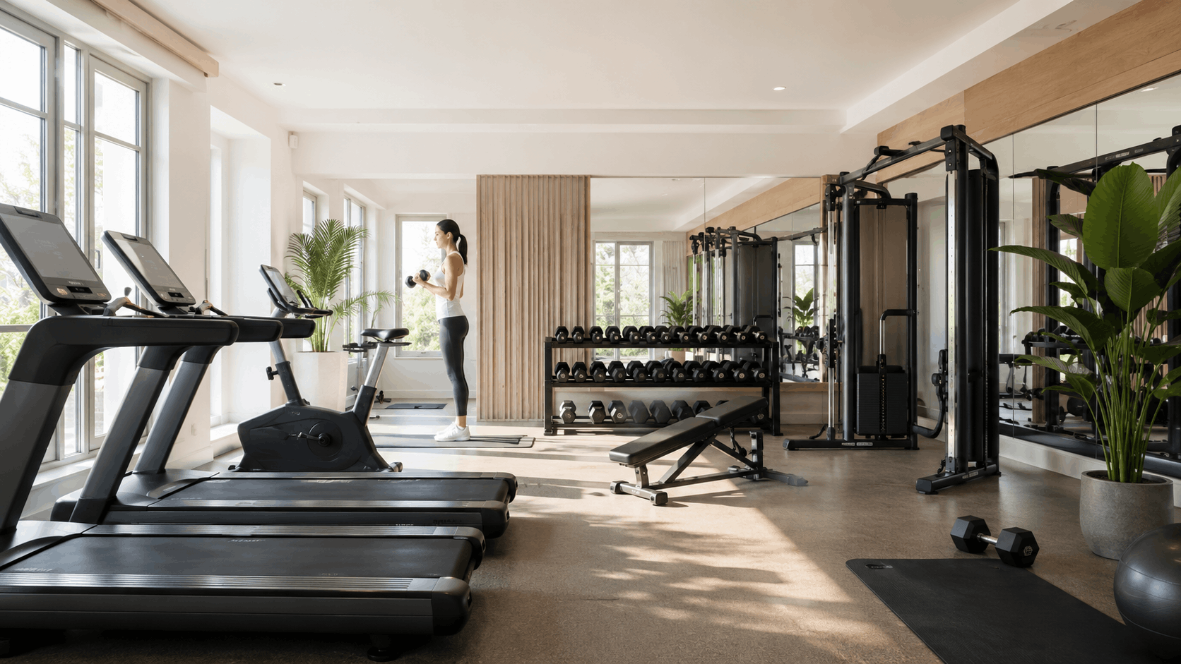 Modern apartment fitness center with treadmills, weights, strength equipment, mirrors, and natural light.