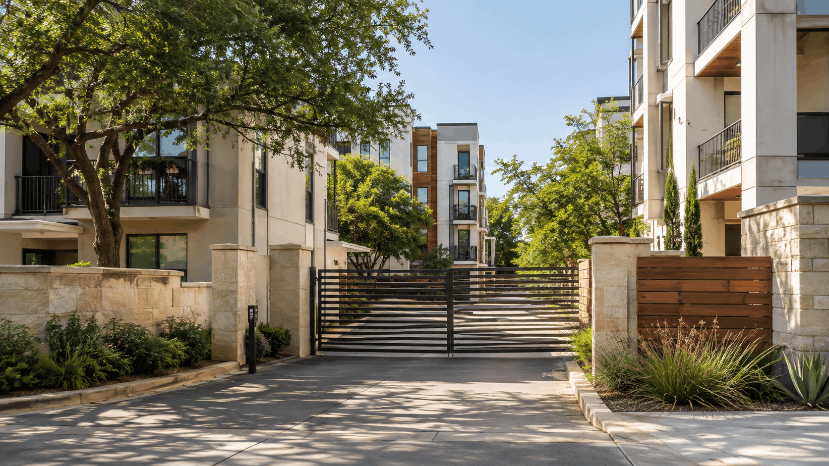 Gated entrance to a modern apartment community surrounded by trees and landscaped grounds.