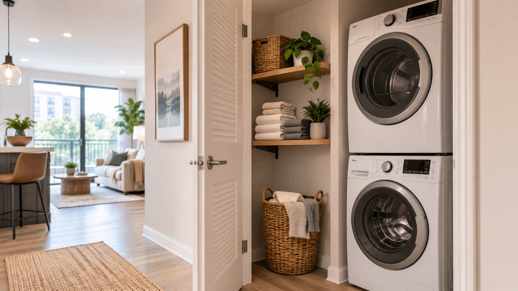 Stacked washer and dryer in an apartment laundry closet with shelving and storage baskets.