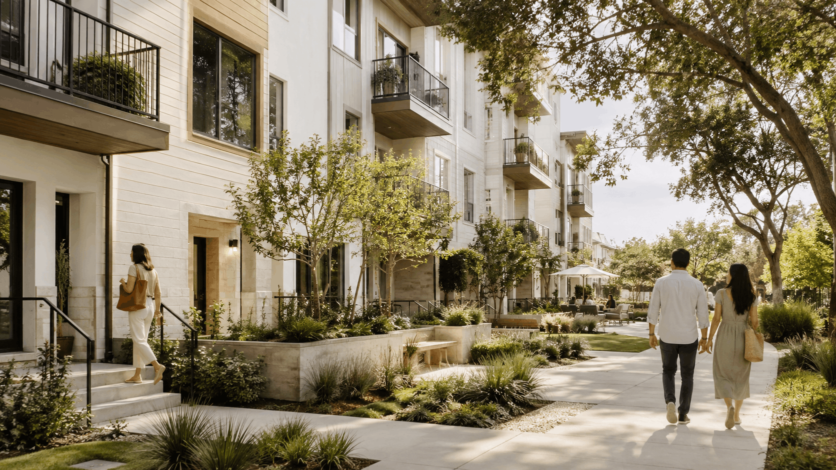 Residents walking through a landscaped apartment courtyard with trees, seating areas, and modern buildings.
