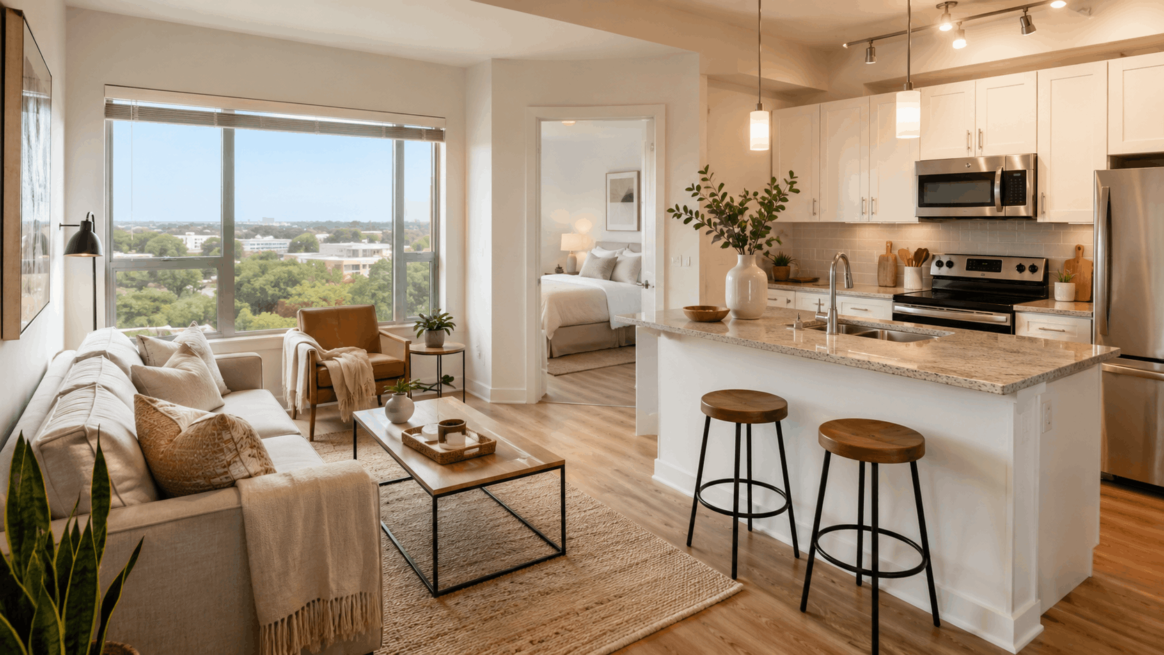 Bright open-concept apartment with a modern kitchen, living area, large windows, and city views.