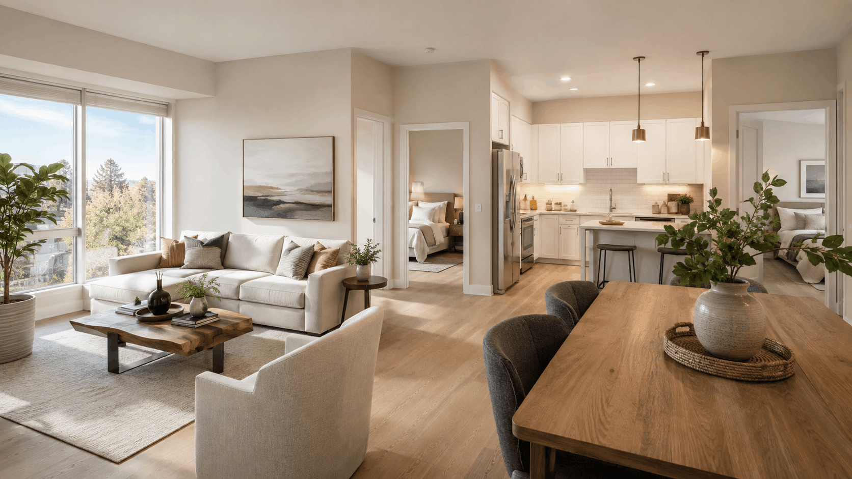 Sunlit open-concept apartment with living room, dining area, kitchen, and two bedrooms.
