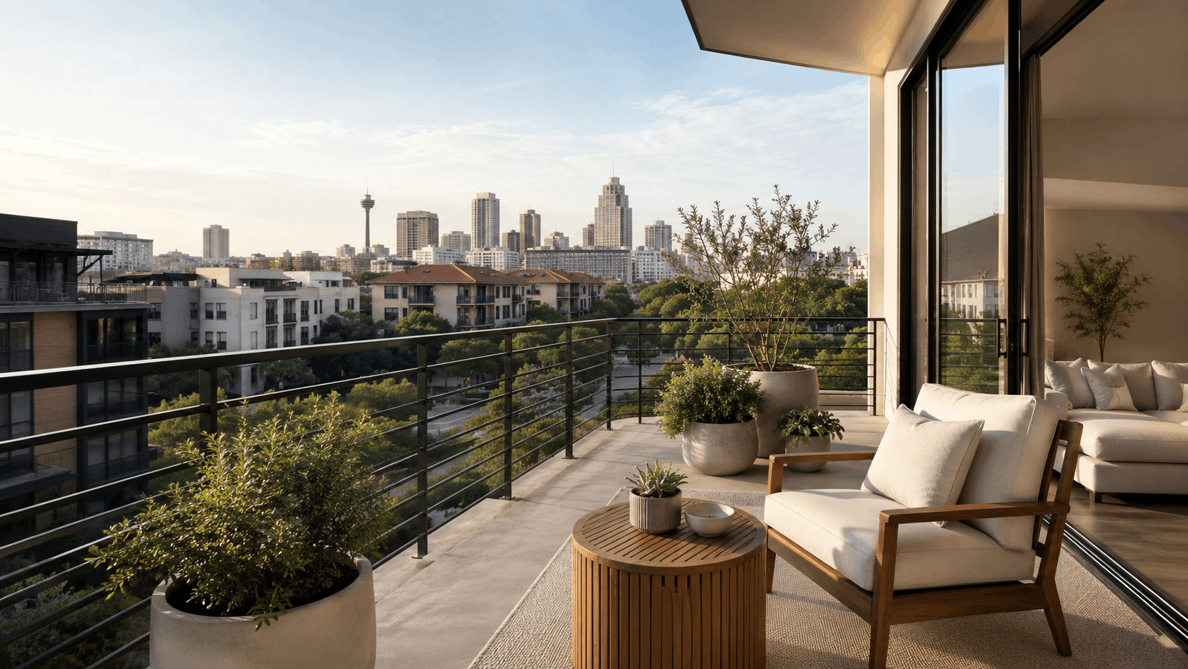 Spacious apartment balcony with outdoor seating, potted plants, and panoramic city skyline views.