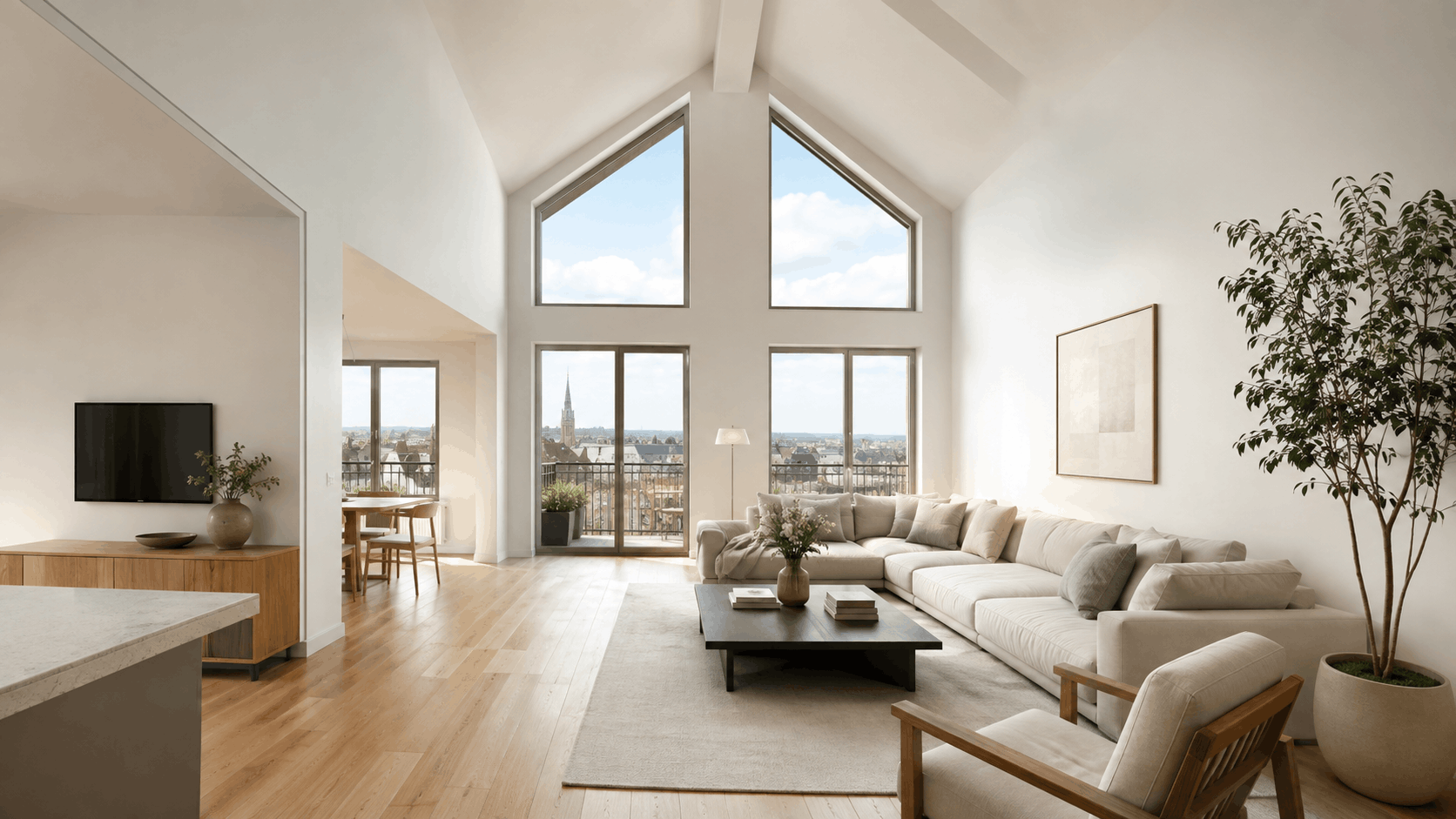 Spacious apartment living room with vaulted ceilings, large windows, wood floors, and city views.