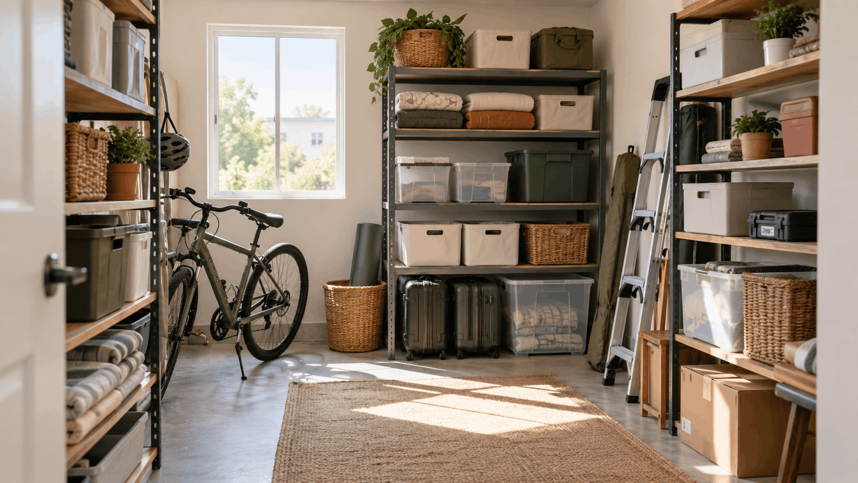 Organized apartment storage room with shelving, bins, luggage, and a bicycle.