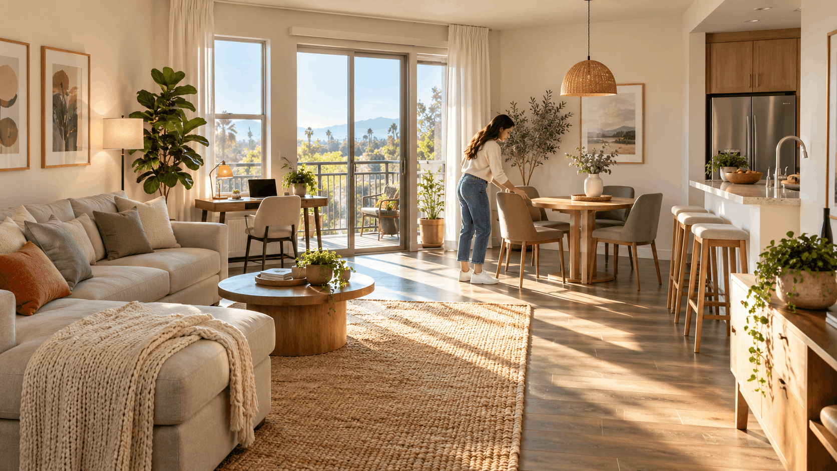 Spacious apartment living and dining area with an open kitchen and balcony.