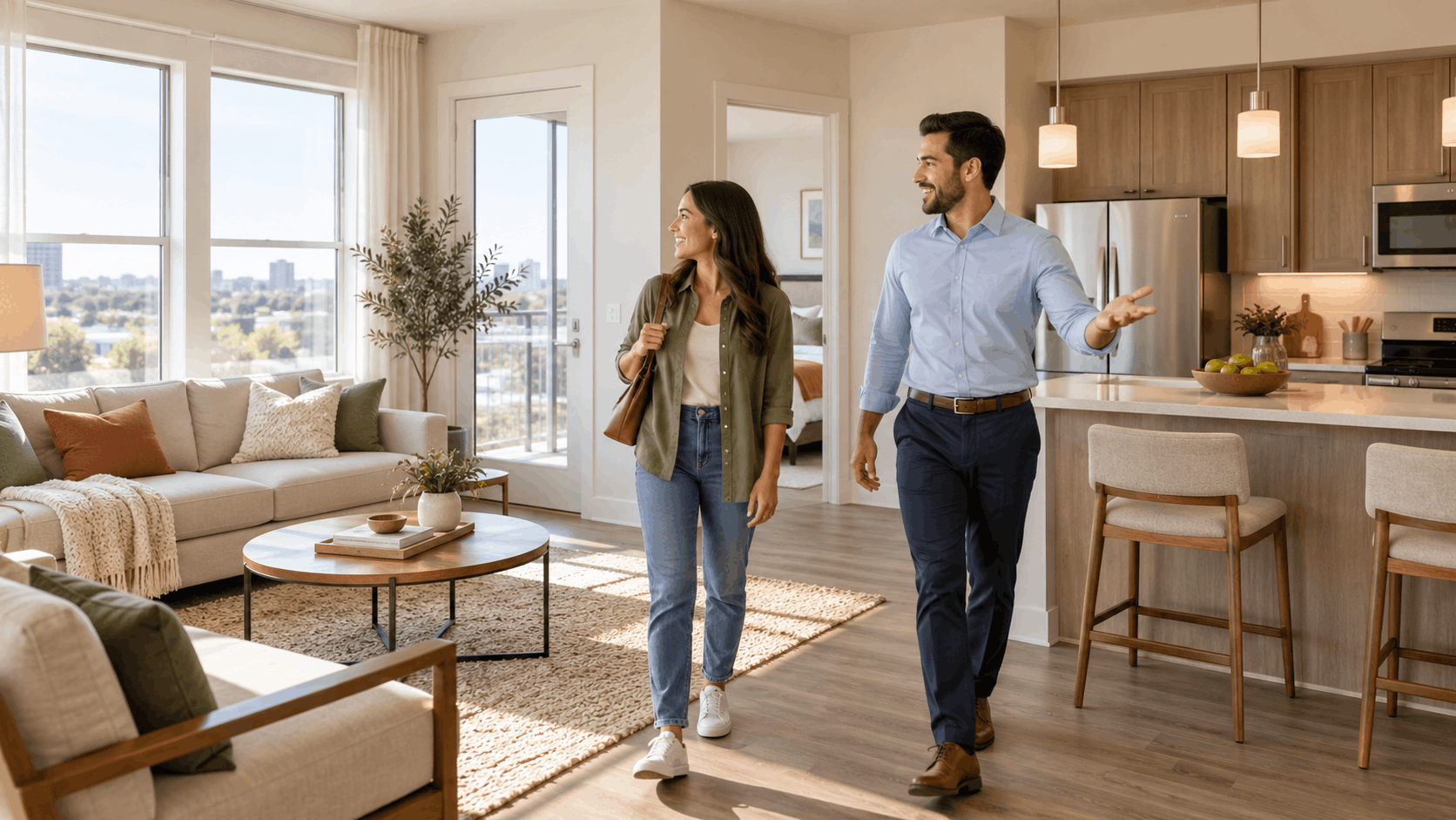 Prospective renter touring a modern apartment with a leasing professional.