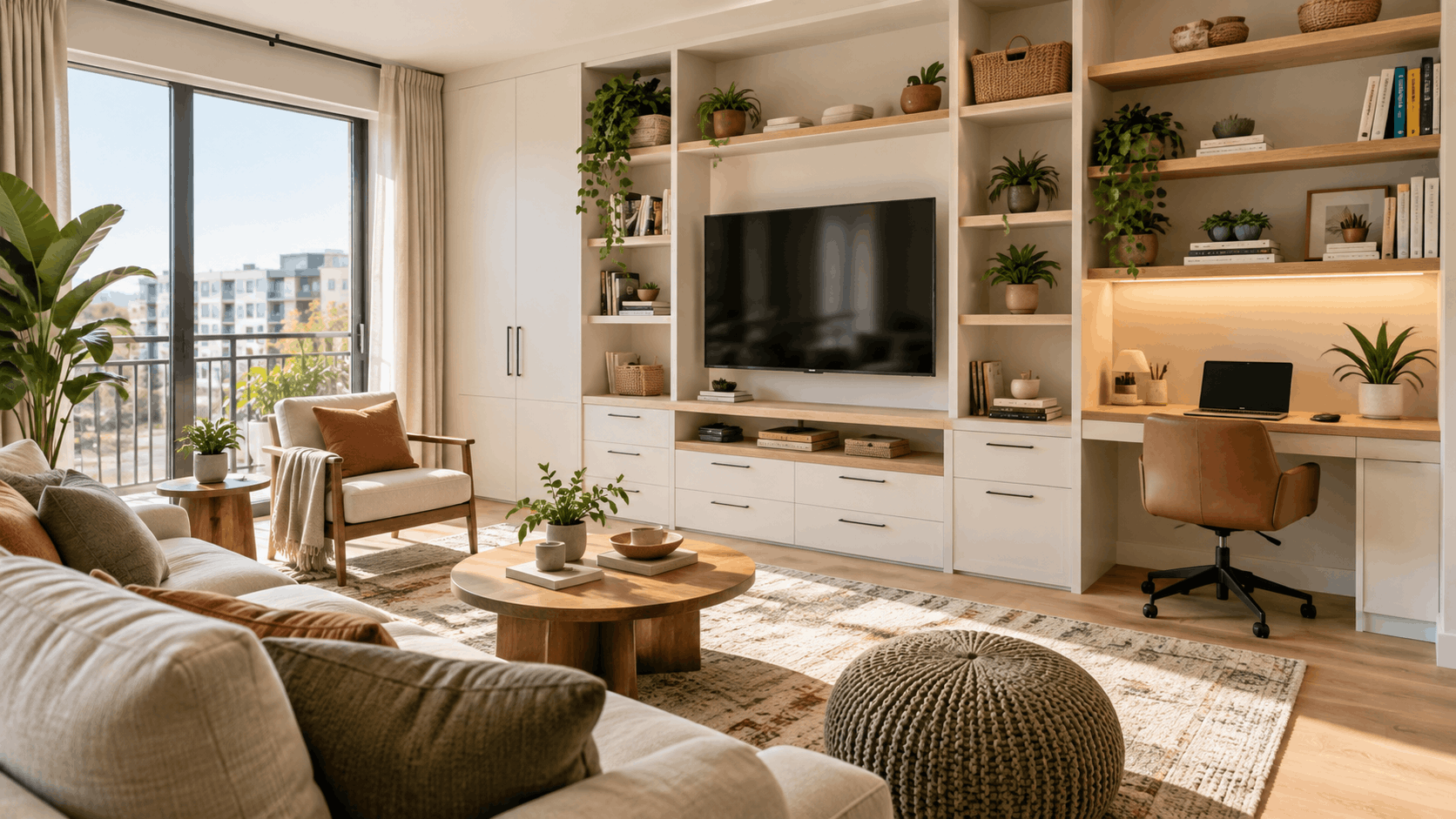 Apartment living room with built-in cabinets, shelving, and a home workspace.