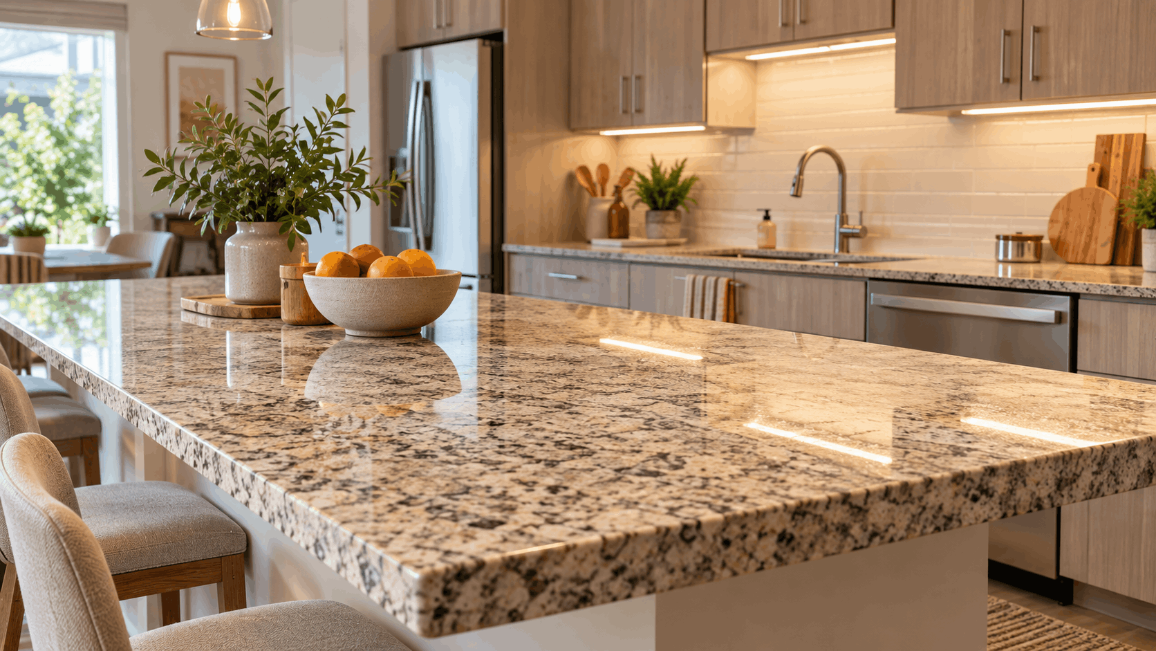 Large granite kitchen countertop in a modern apartment.