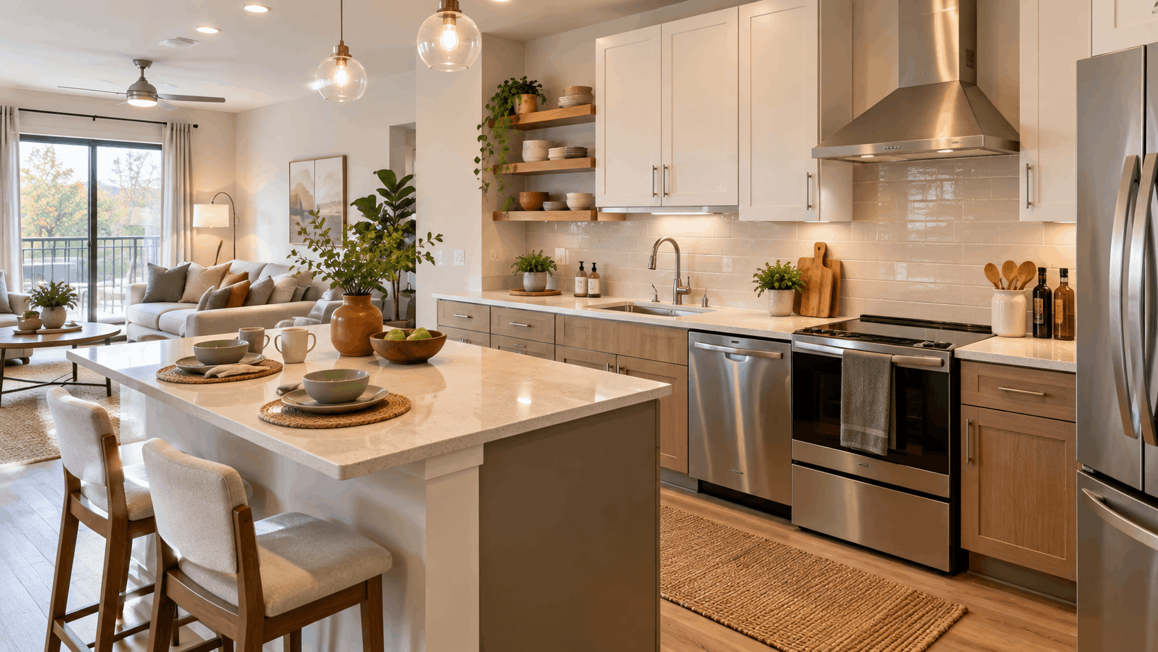 Modern apartment kitchen with large island, white cabinets, and stainless steel appliances.
