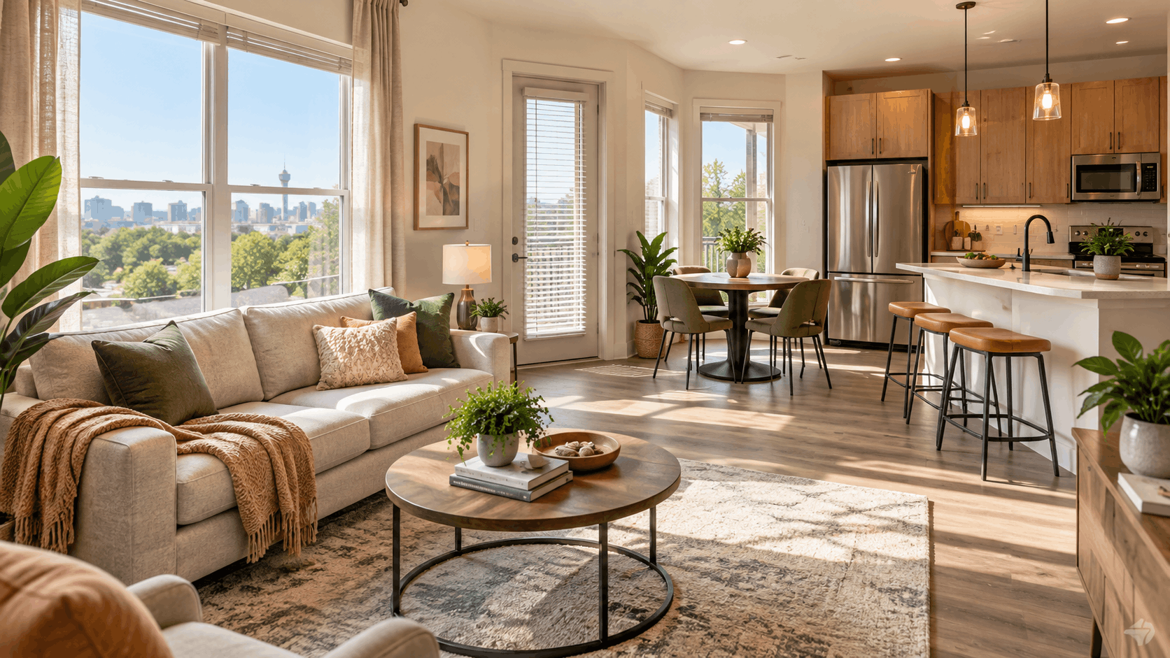 Open-concept apartment living room and kitchen with large windows and natural light.