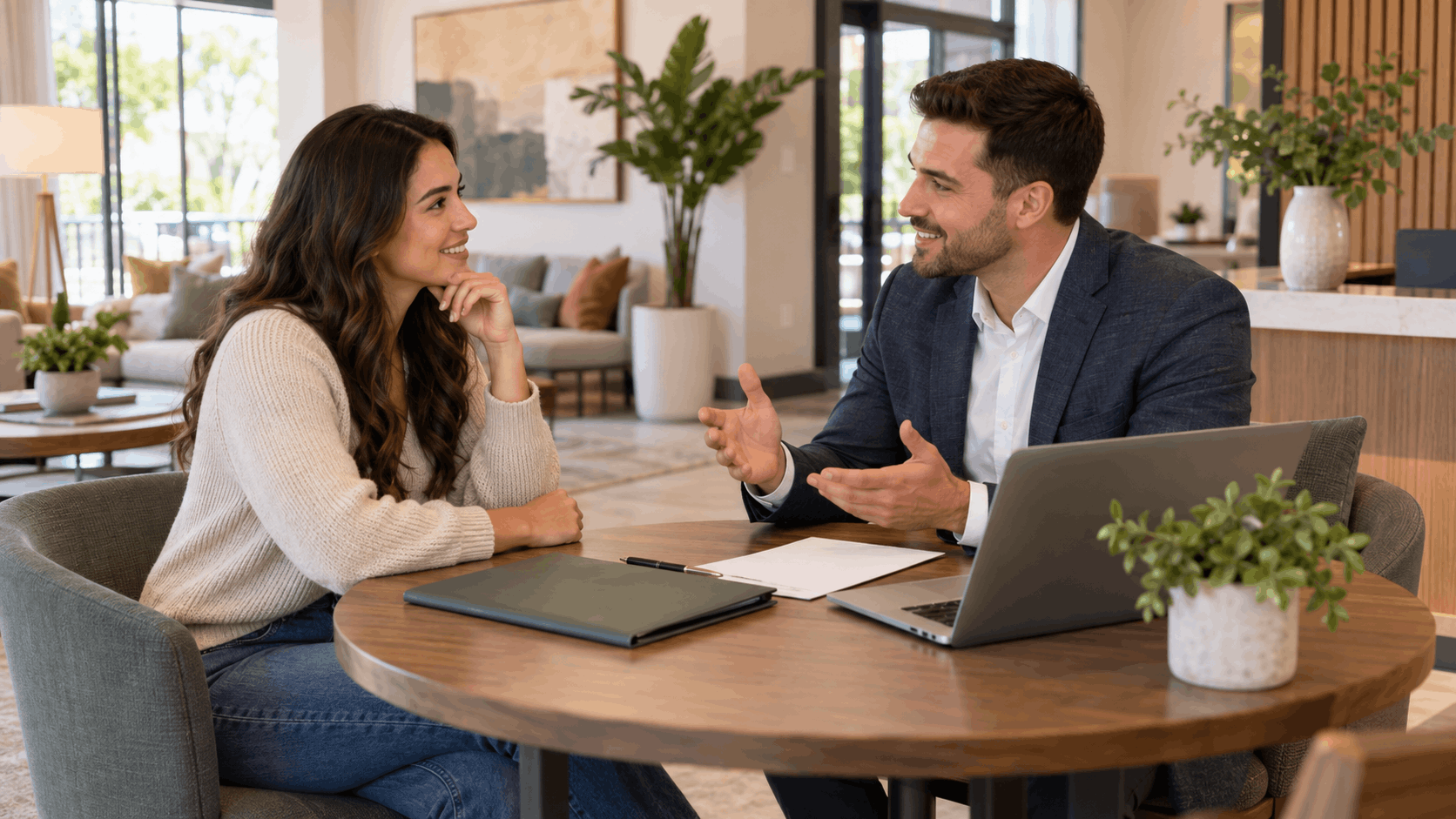 Prospective renter discussing apartment rental details with a leasing professional.