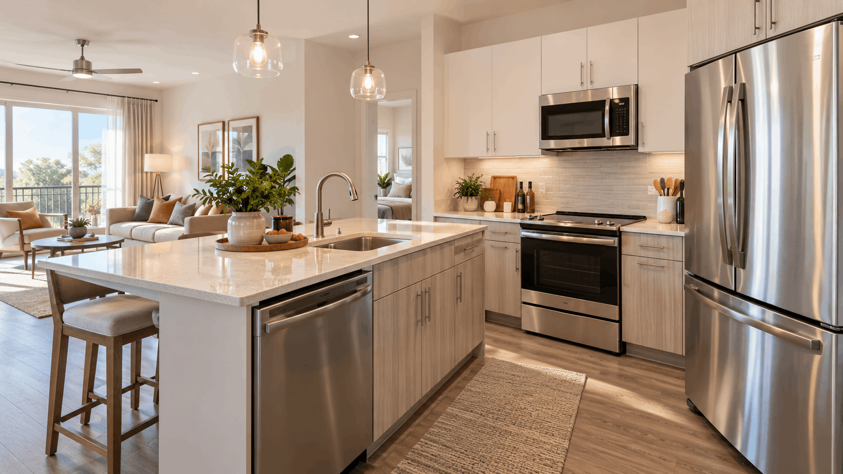 Modern apartment kitchen with stainless steel refrigerator, range, microwave, and dishwasher.